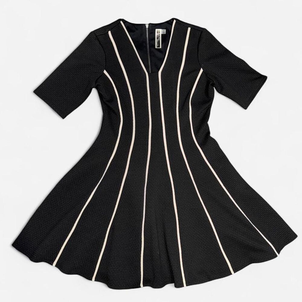 Julian Taylor Black Fit & Flare Short Sleeve Midi Dress with Cream Piping
